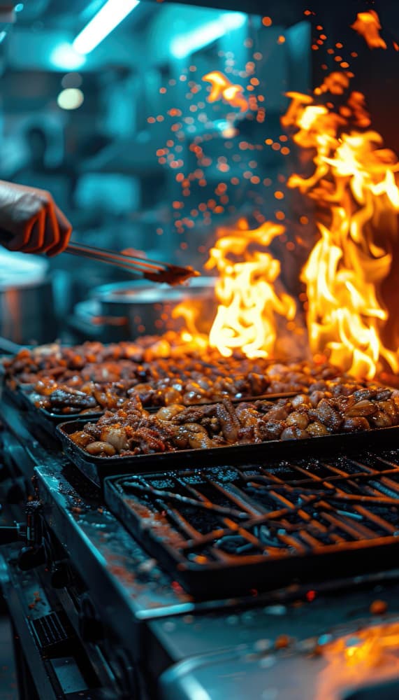 Flames rising over trays of grilling meat